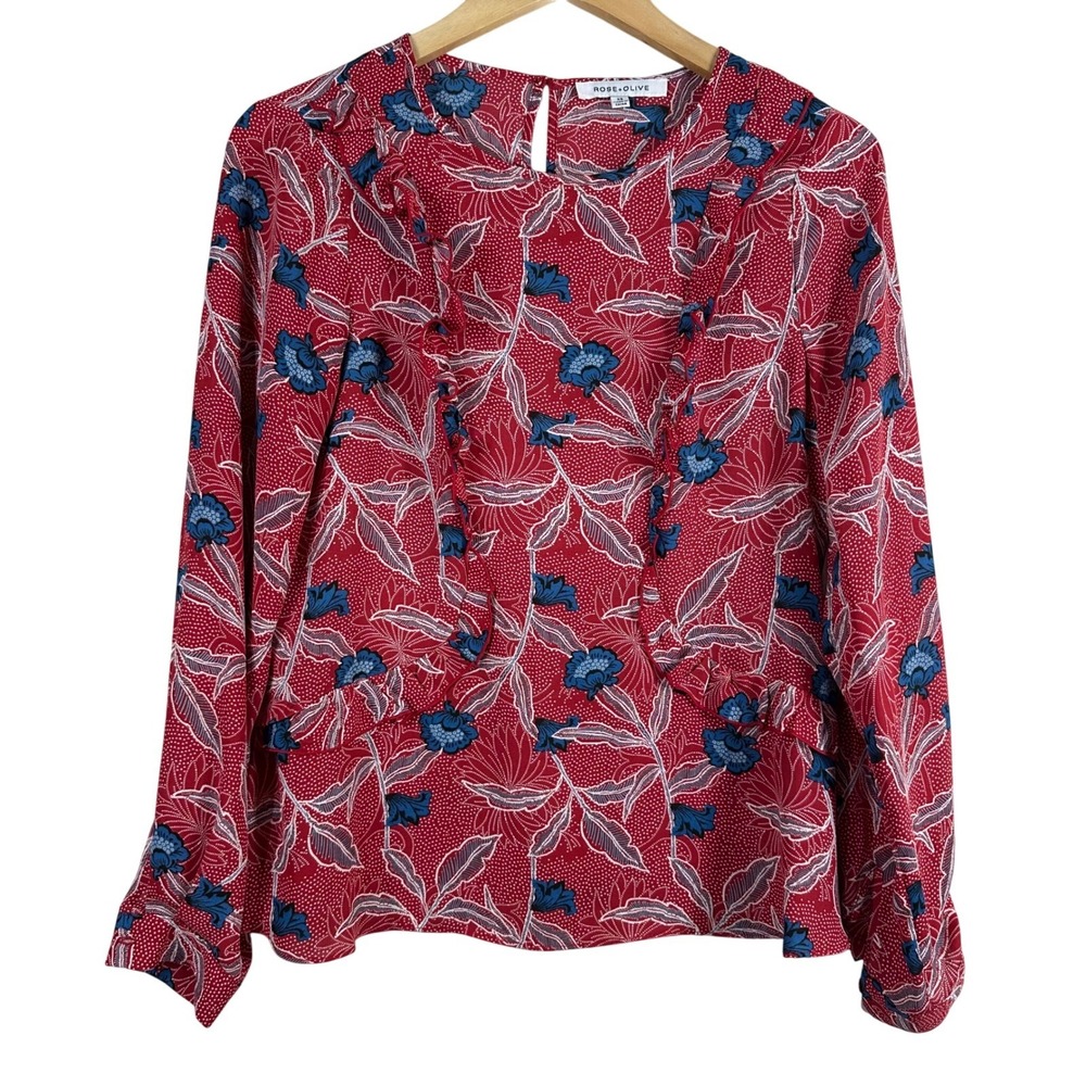 Rose + Olive Red Floral Ruffle Front Long Sleeve Blouse XS Polkadot Romantic
